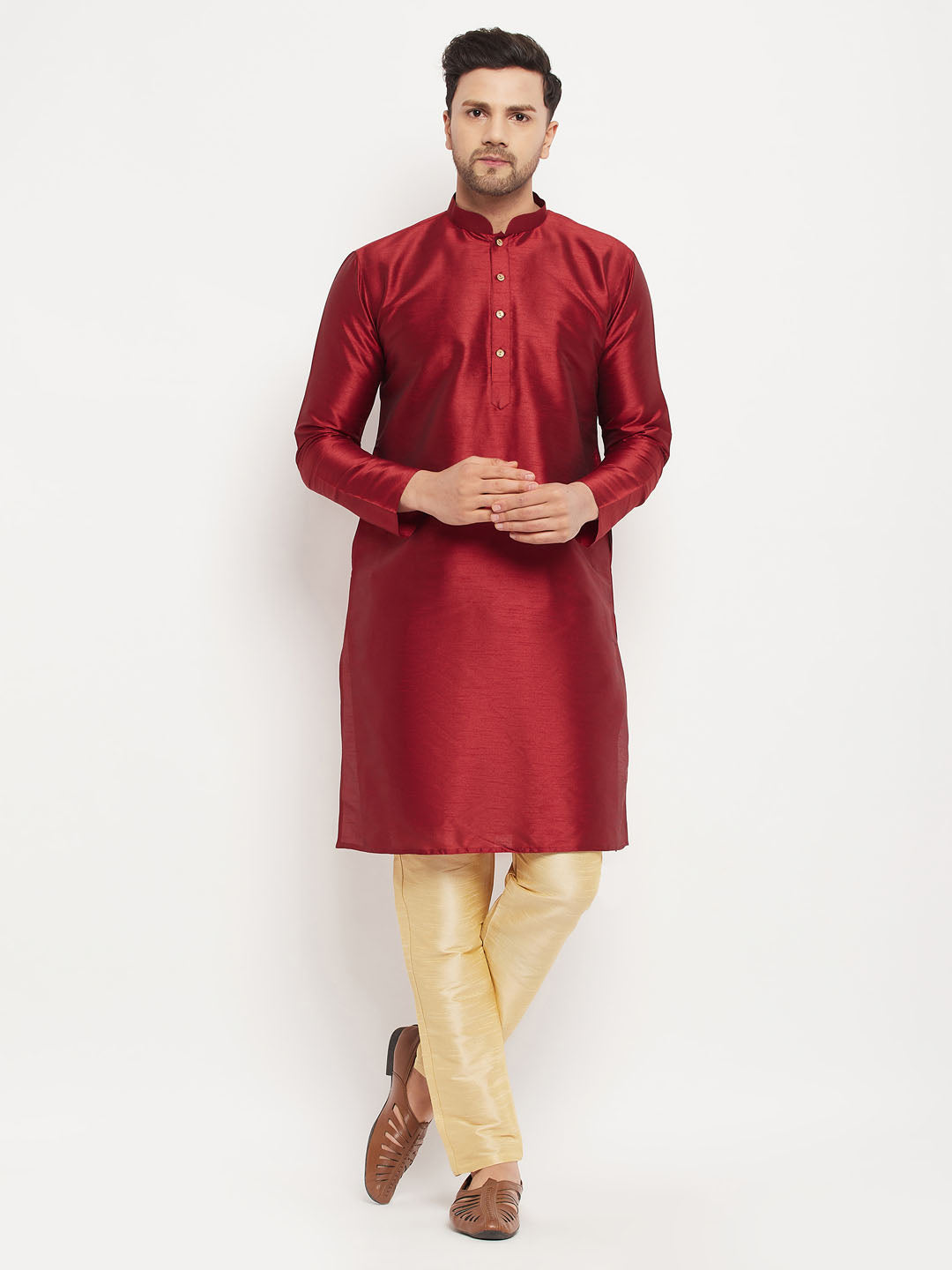 VASTRAMAY Men's Maroon Silk Blend Kurta and Gold Pant Style Pyjama Set