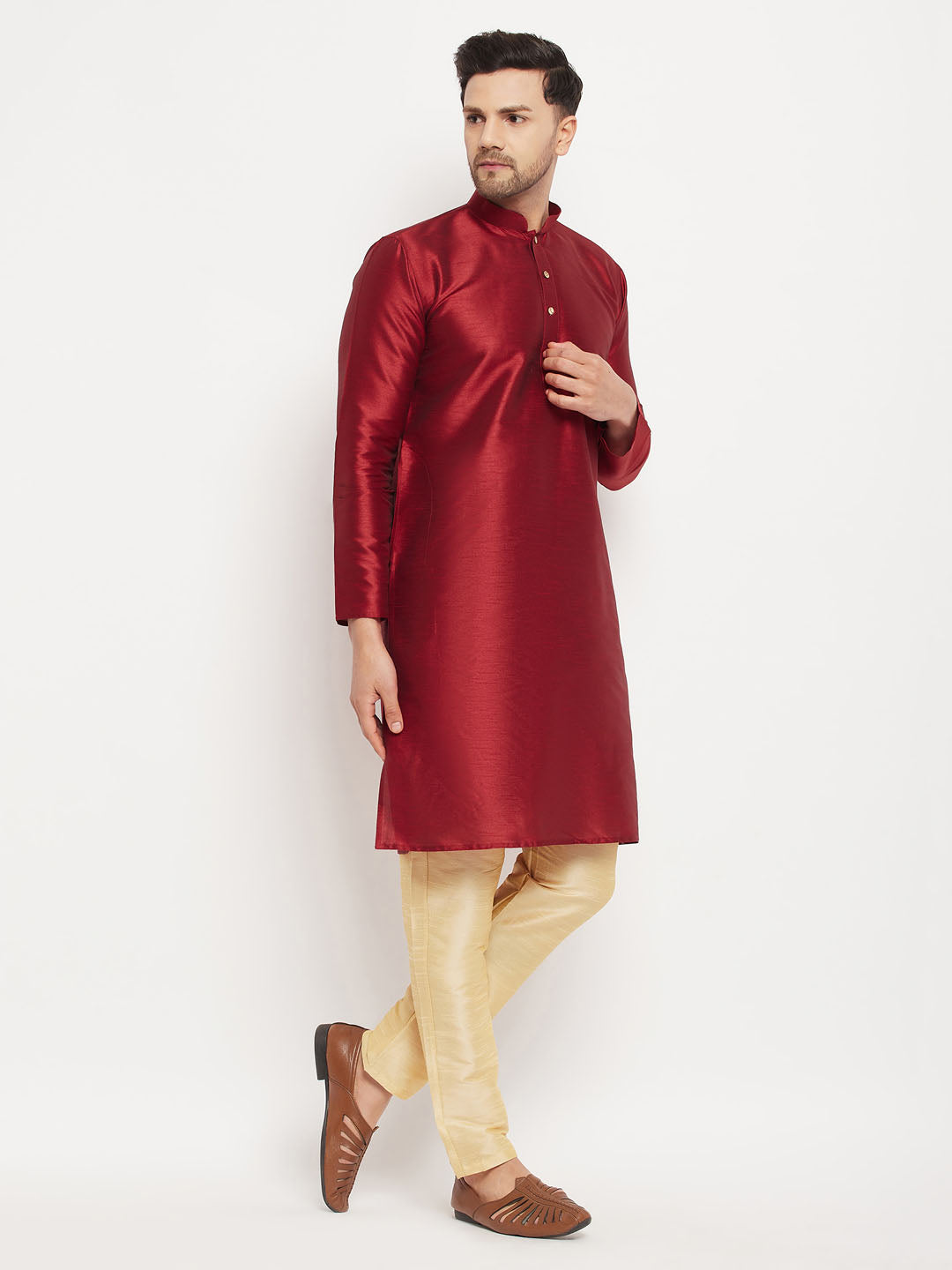 VASTRAMAY Men's Maroon Silk Blend Kurta and Gold Pant Style Pyjama Set