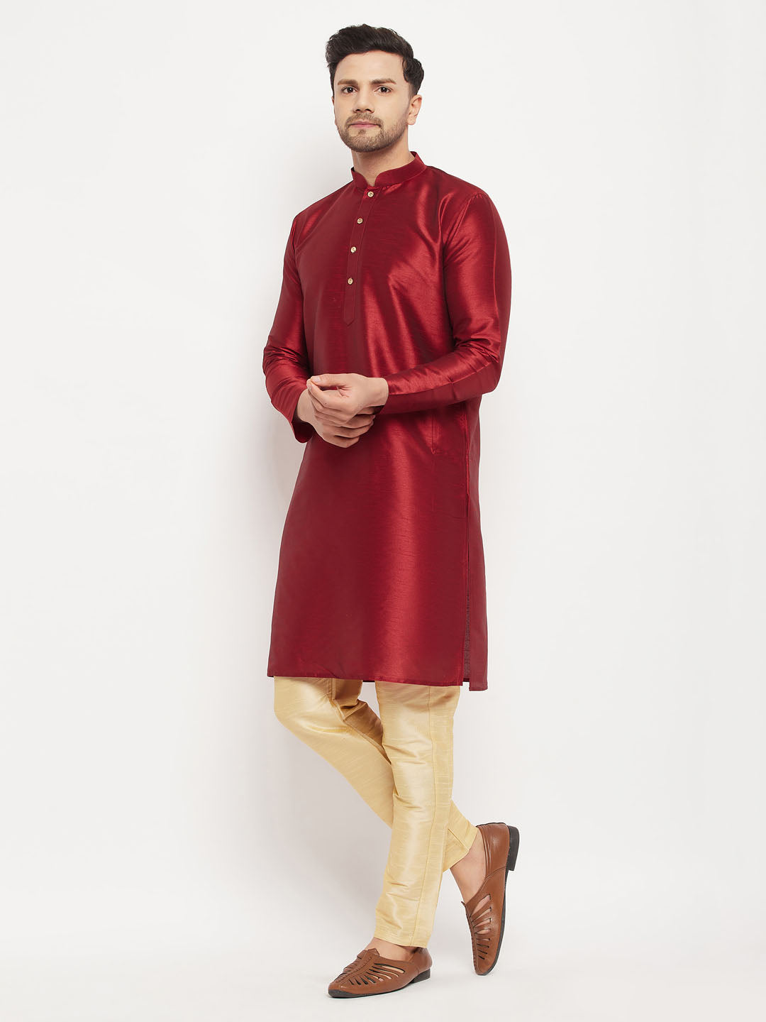 VASTRAMAY Men's Maroon Silk Blend Kurta and Gold Pant Style Pyjama Set