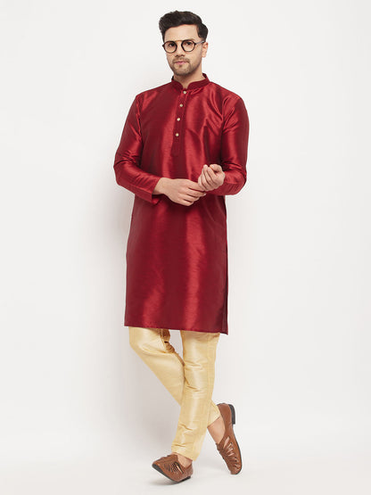 VASTRAMAY Men's Maroon Silk Blend Kurta and Gold Pant Style Pyjama Set