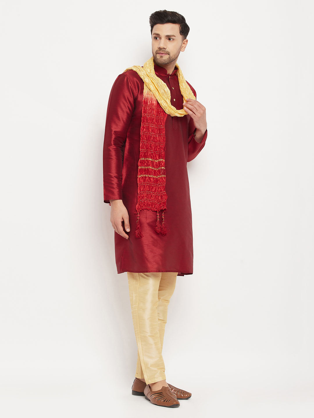 VASTRAMAY Men's Maroon Silk Blend Kurta and Gold Pant Style Pyjama Set With Dupatta