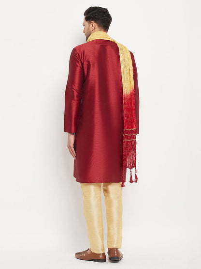 VASTRAMAY Men's Maroon Silk Blend Kurta and Gold Pant Style Pyjama Set With Dupatta