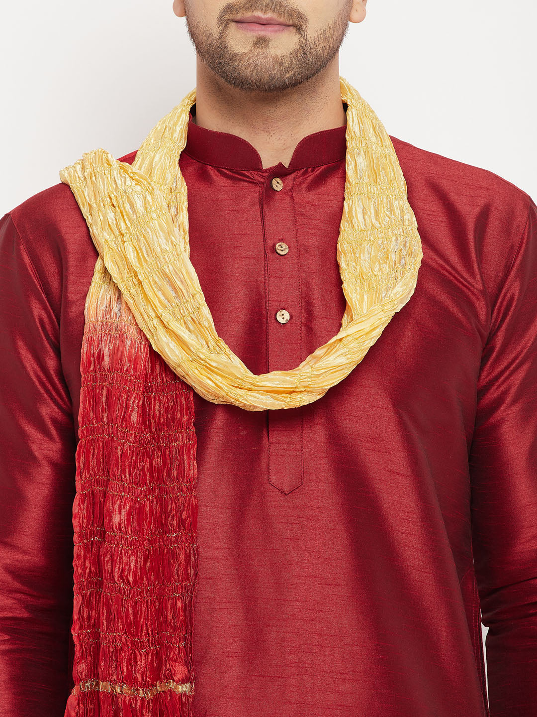 VASTRAMAY Men's Maroon Silk Blend Kurta and Gold Pant Style Pyjama Set With Dupatta