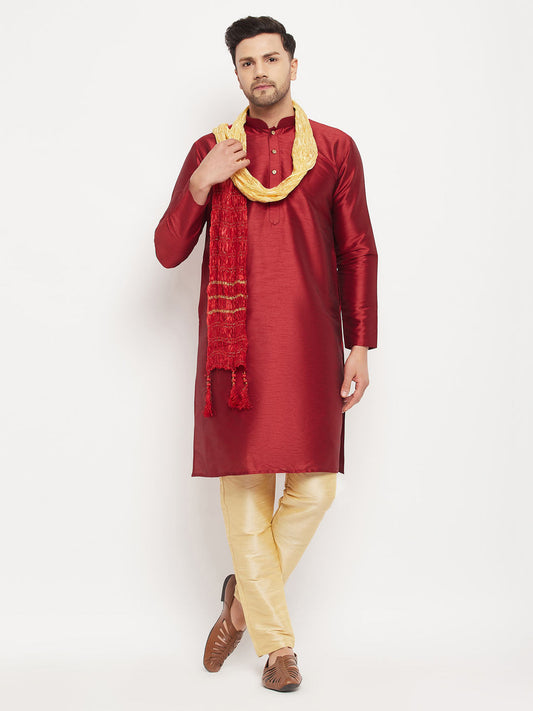 VM By VASTRAMAY Men's Maroon Silk Blend Kurta and Gold Pant Style Pyjama Set With Dupatta