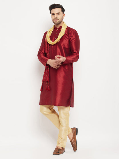 VASTRAMAY Men's Maroon Silk Blend Kurta and Gold Pant Style Pyjama Set With Dupatta