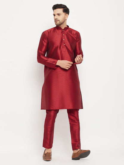 vastramay mens maroon silk blend kurta and maroon pant style pyjama set 1