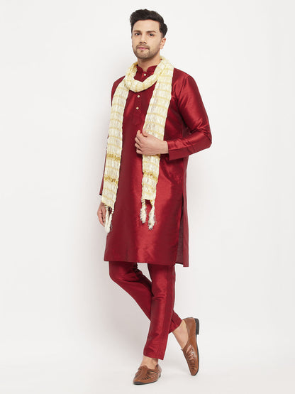 VASTRAMAY Men's Maroon Silk Blend Kurta and Maroon Pant Style Pyjama Set With Dupatta