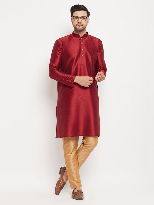 vastramay mens maroon silk blend kurta and rose gold pant style pyjama set 1