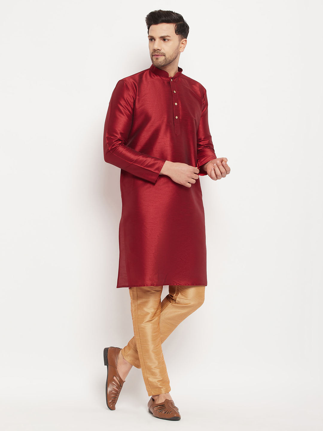 vastramay mens maroon silk blend kurta and rose gold pant style pyjama set 1