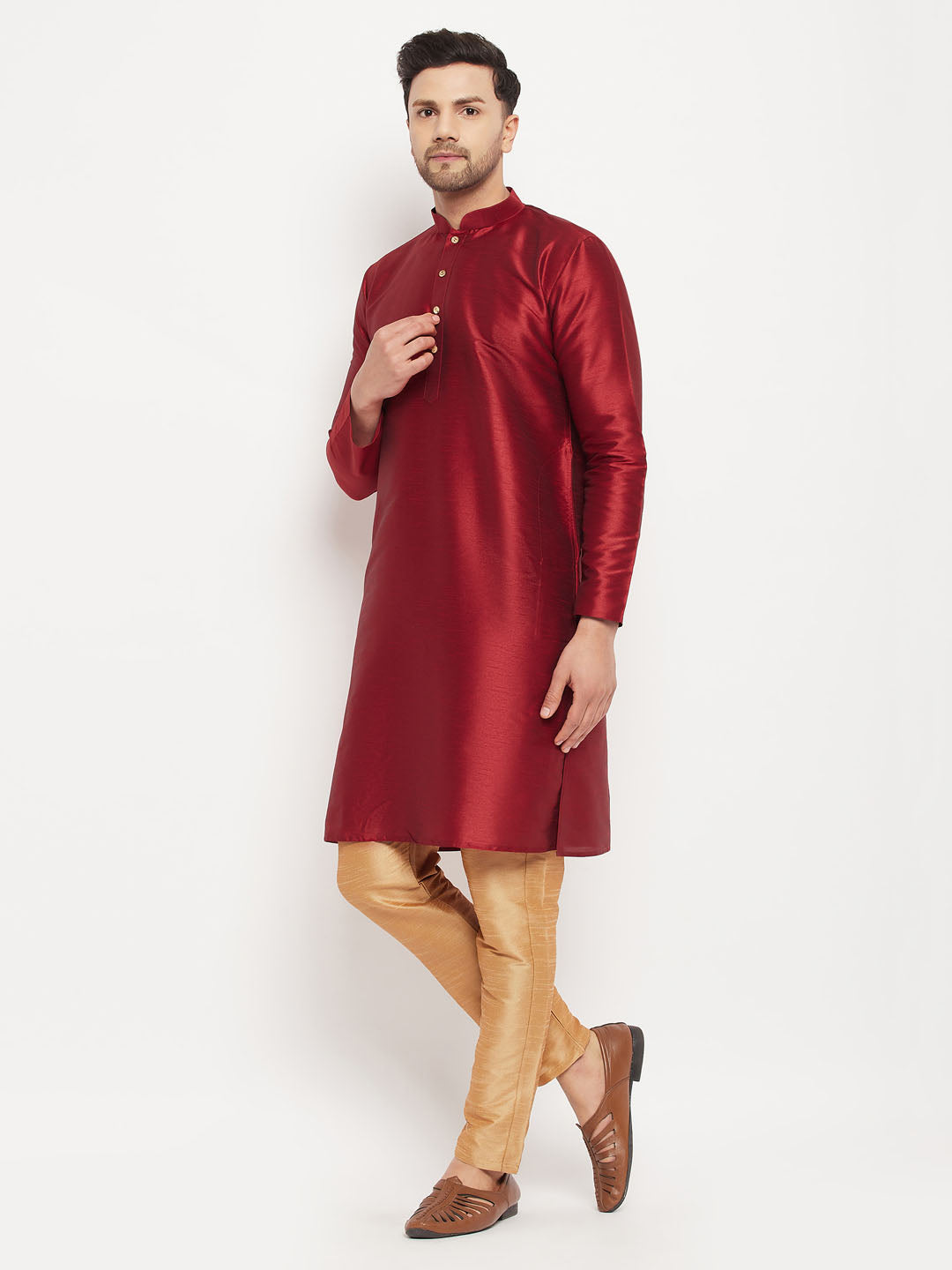 vastramay mens maroon silk blend kurta and rose gold pant style pyjama set 1