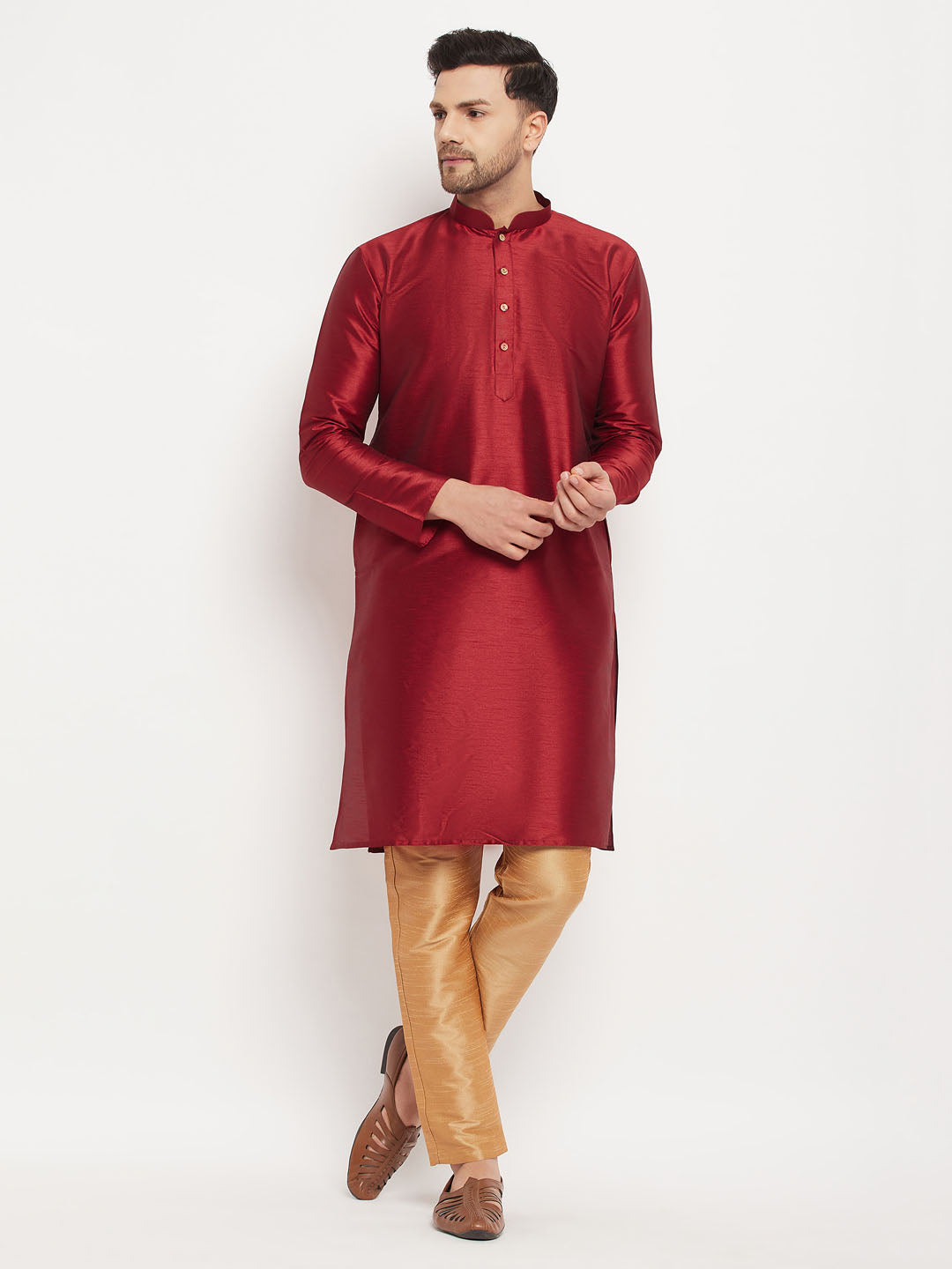 vastramay mens maroon silk blend kurta and rose gold pant style pyjama set 1