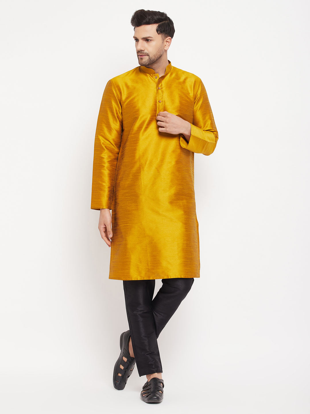 vastramay mens mustard silk blend kurta and black pant style pyjama set