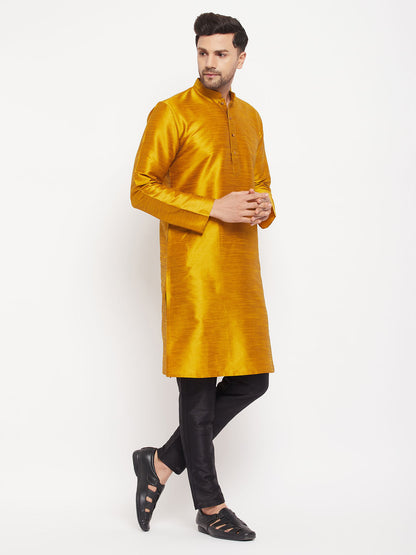 vastramay mens mustard silk blend kurta and black pant style pyjama set