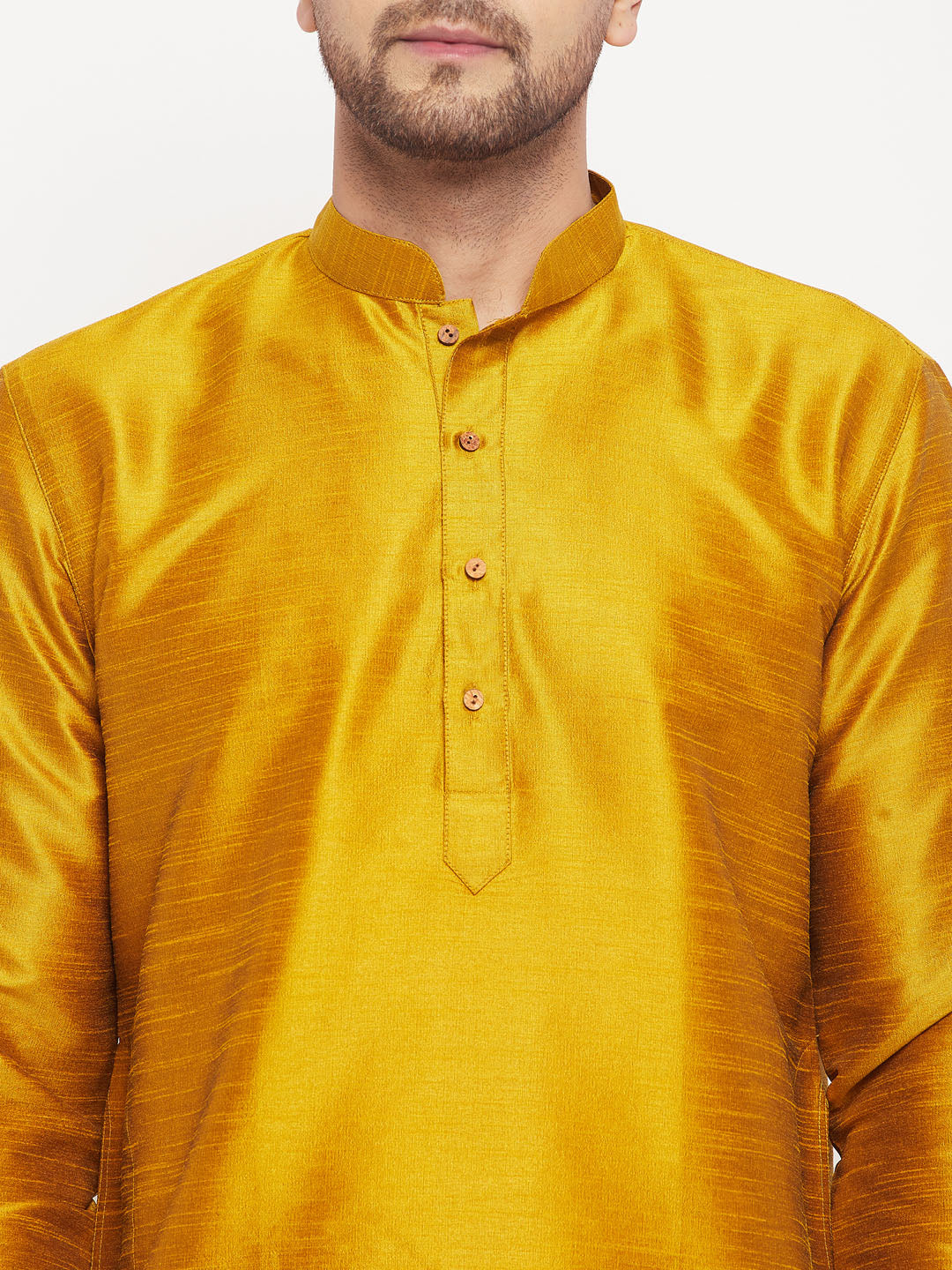 vastramay mens mustard silk blend kurta and black pant style pyjama set