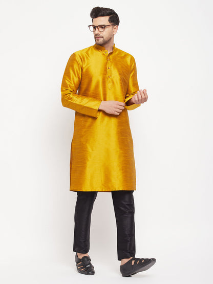 vastramay mens mustard silk blend kurta and black pant style pyjama set