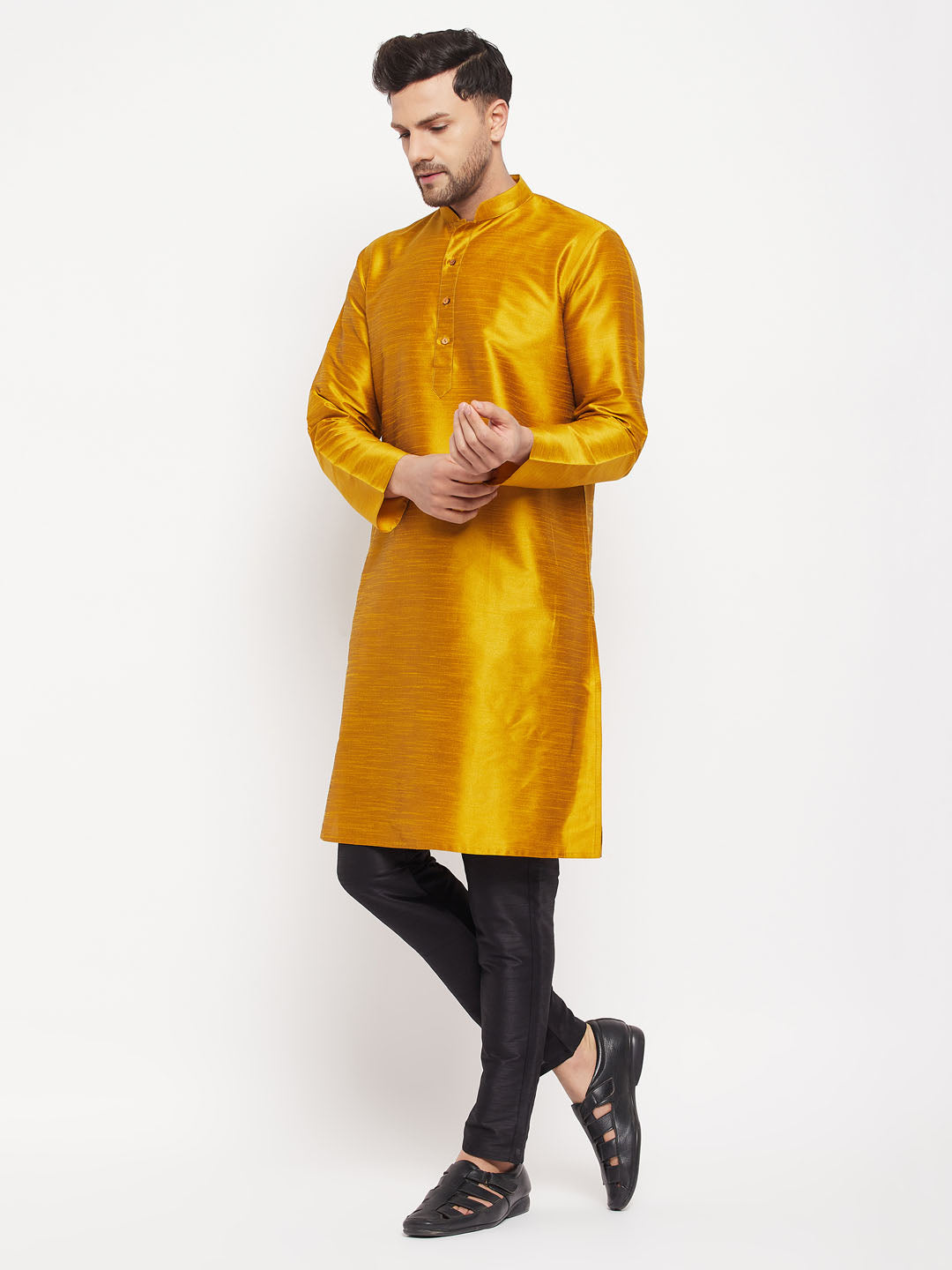 vastramay mens mustard silk blend kurta and black pant style pyjama set