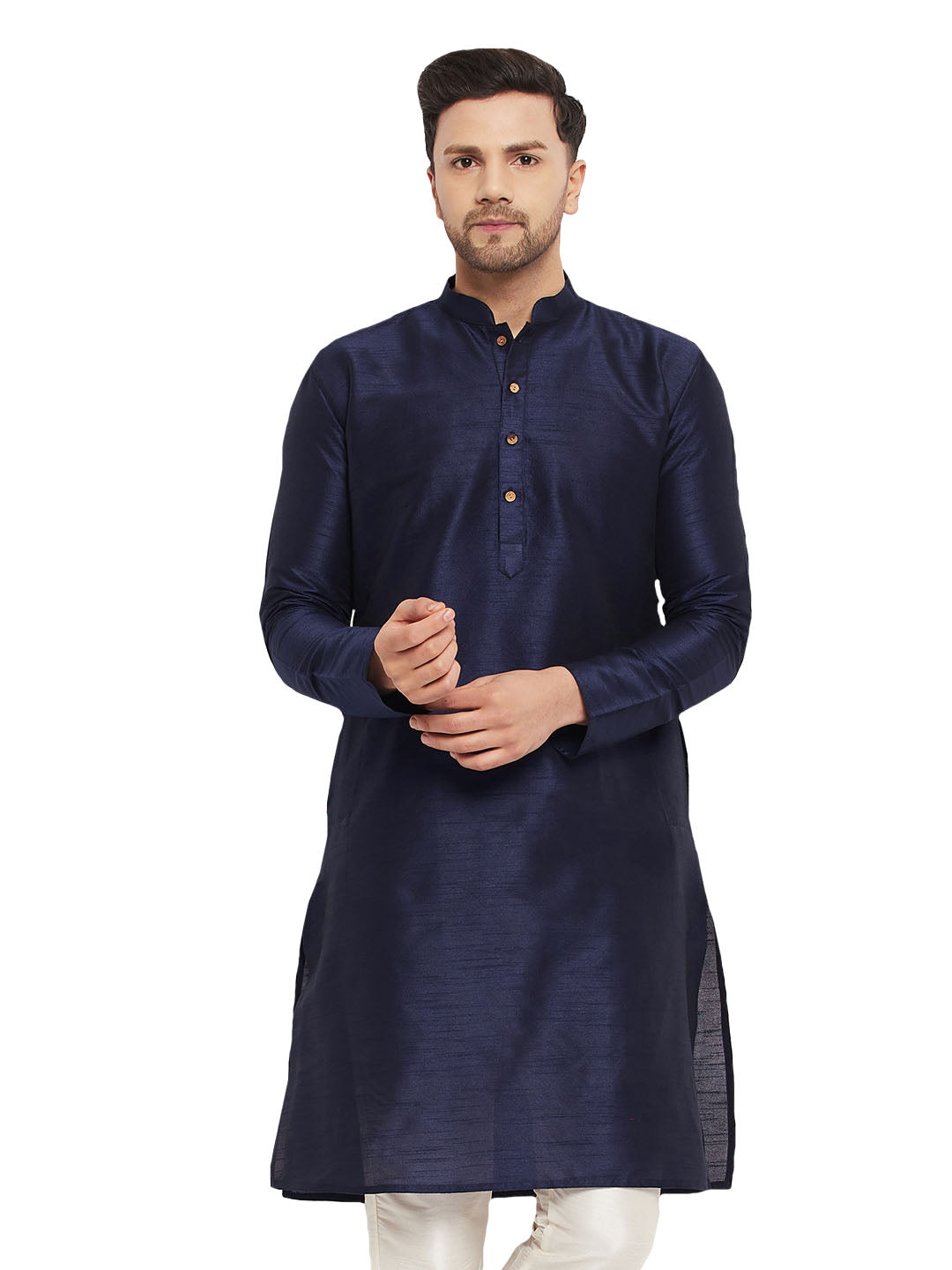 Vastramay Men's Dark Blue Cotton Silk Blend Kurta