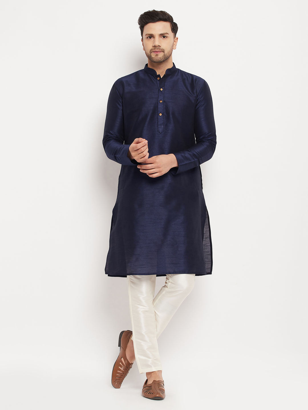 vastramay mens navy blue silk blend kurta and cream pant style pyjama set