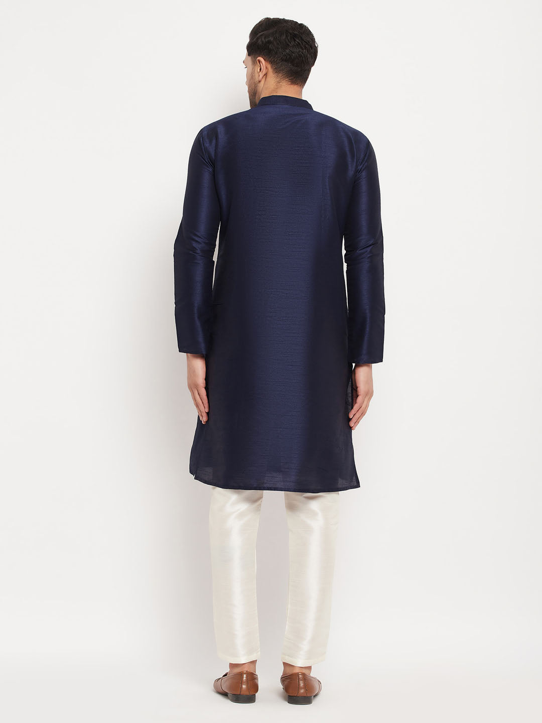 vastramay mens navy blue silk blend kurta and cream pant style pyjama set