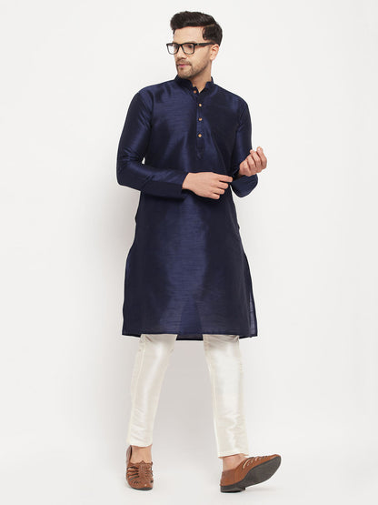 vastramay mens navy blue silk blend kurta and cream pant style pyjama set