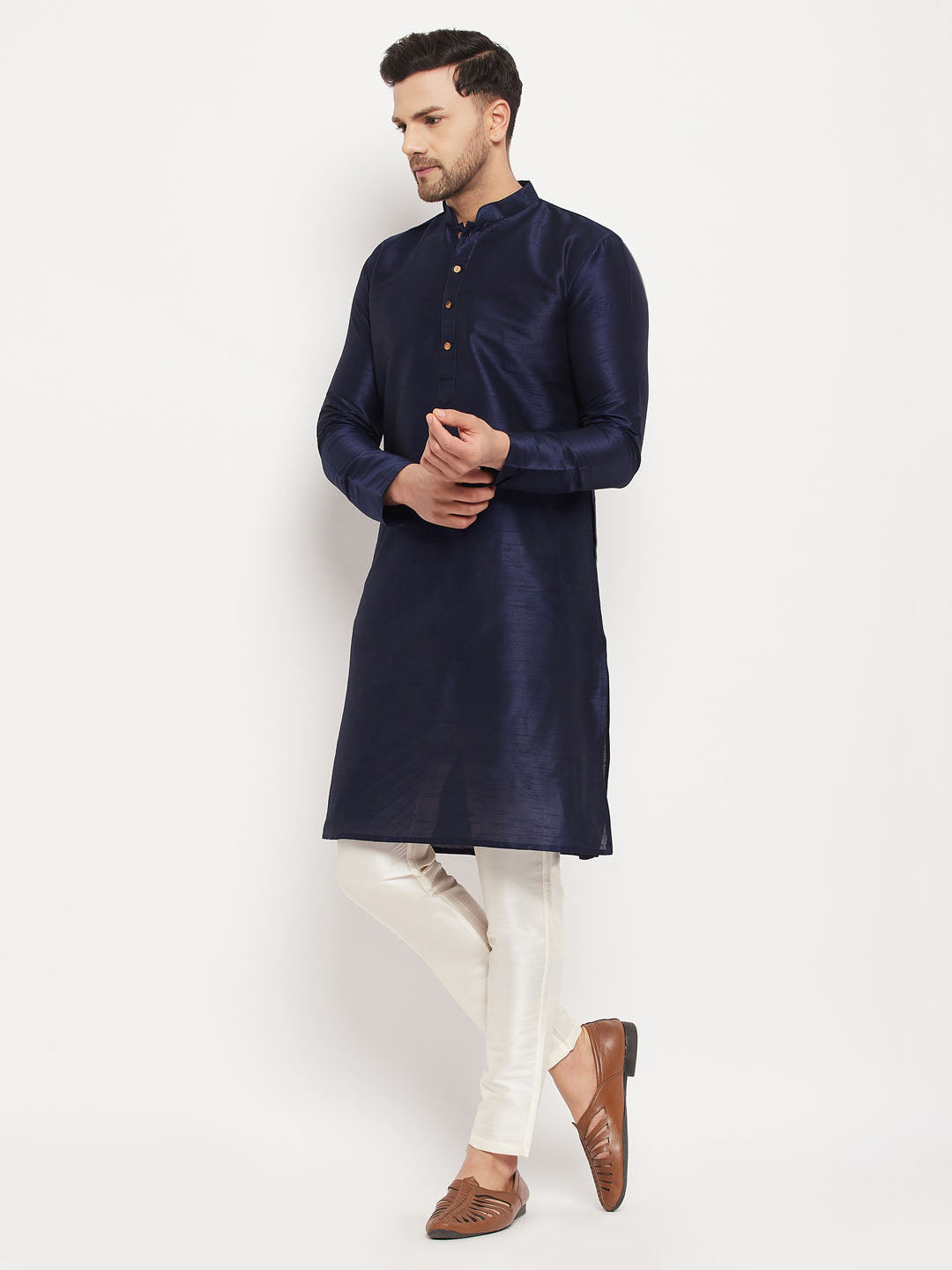 vastramay mens navy blue silk blend kurta and cream pant style pyjama set