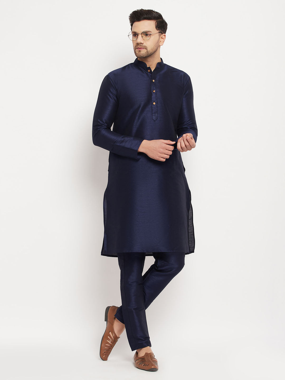 vastramay mens navy blue silk blend kurta and navy blue pant style pyjama set