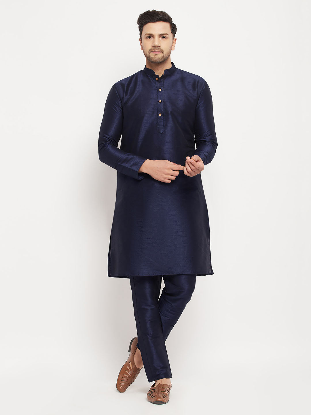 vastramay mens navy blue silk blend kurta and navy blue pant style pyjama set