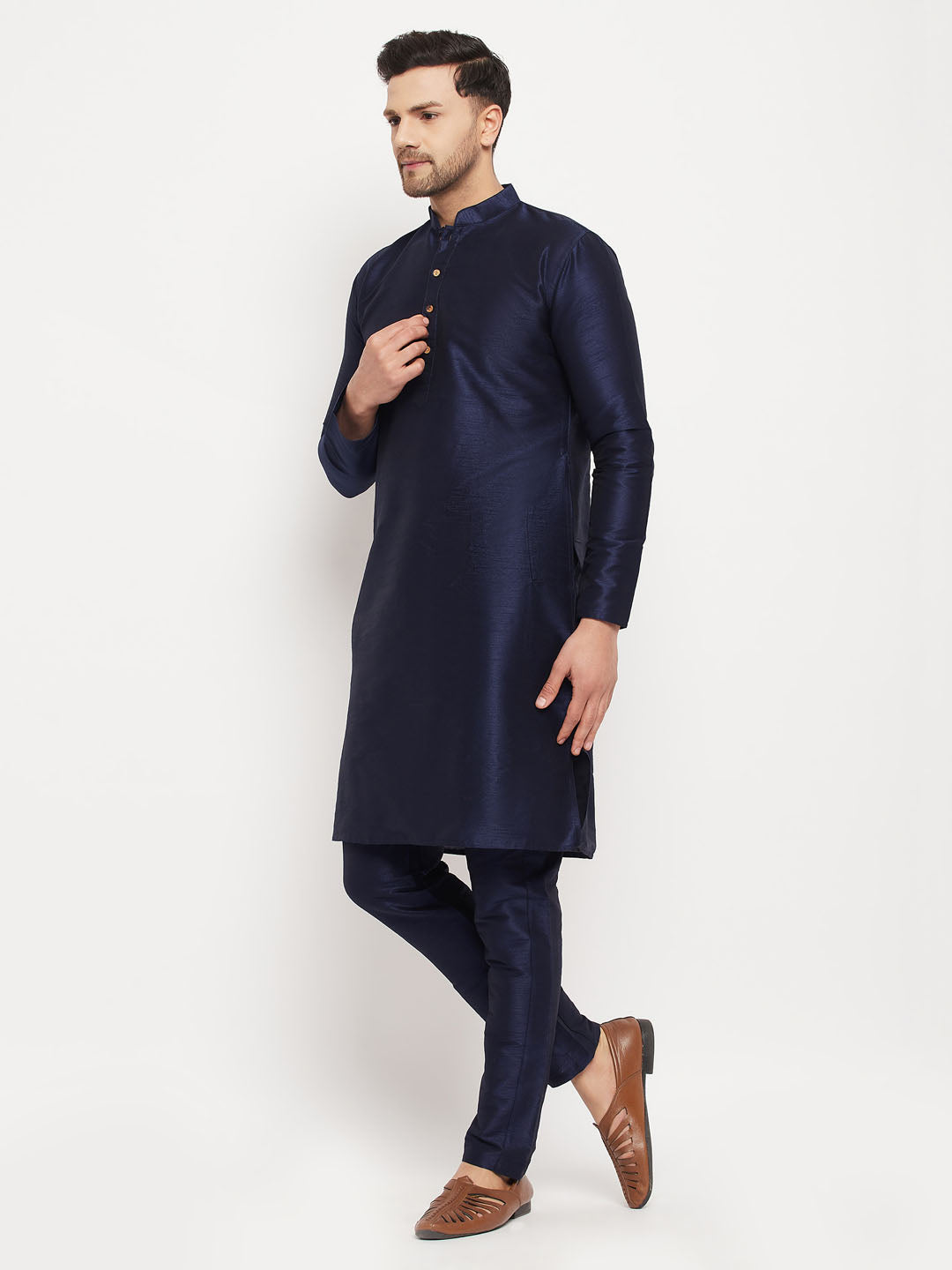 vastramay mens navy blue silk blend kurta and navy blue pant style pyjama set