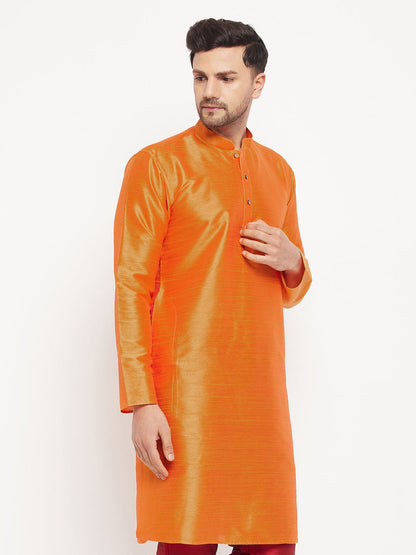 Vastramay Men's Orange Cotton Silk Blend Kurta