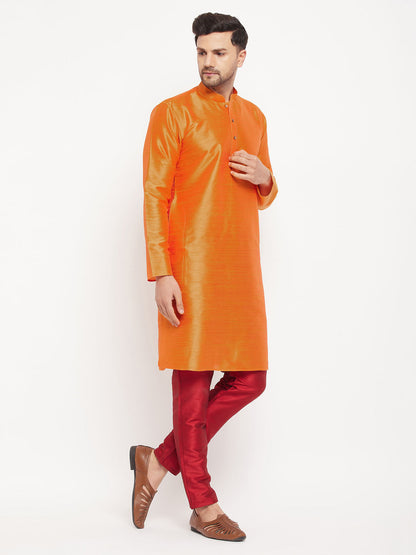 Vastramay Men's Orange Cotton Silk Blend Kurta