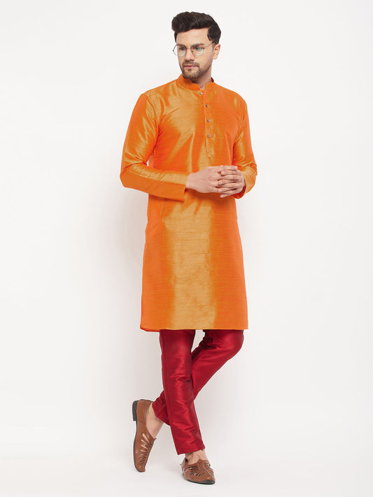 vastramay mens orange silk blend kurta and maroon pant style pyjama set