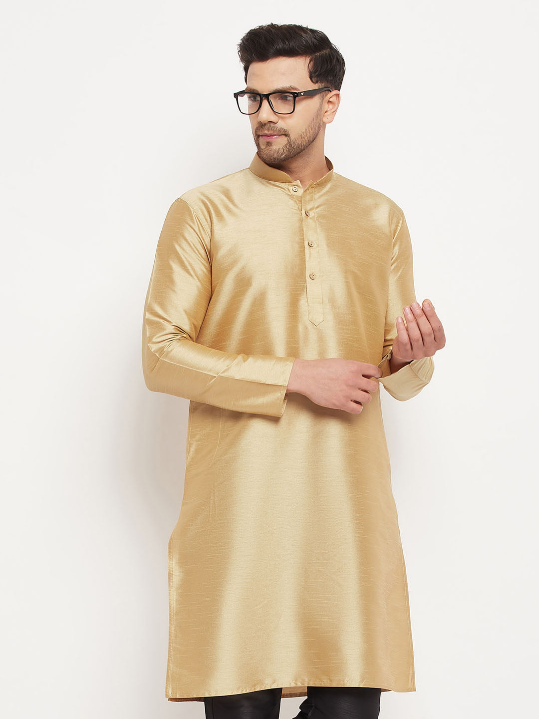 Vastramay Men's Gold Cotton Silk Blend Kurta