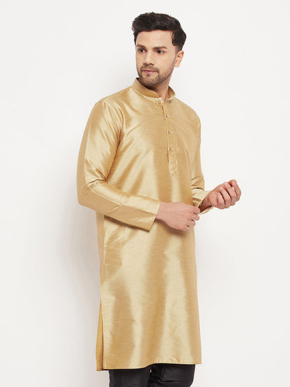 Vastramay Men's Gold Cotton Silk Blend Kurta