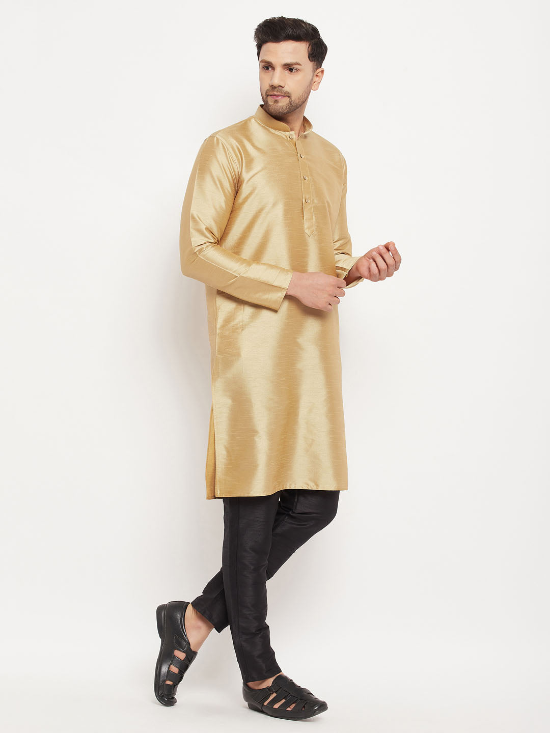 Vastramay Men's Gold Cotton Silk Blend Kurta