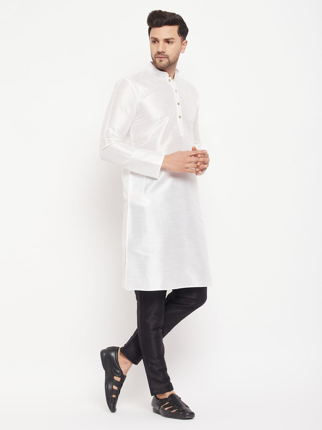 VASTRAMAY Men's White Cotton Silk Blend Kurta and Black Pant Style Pyjama Set