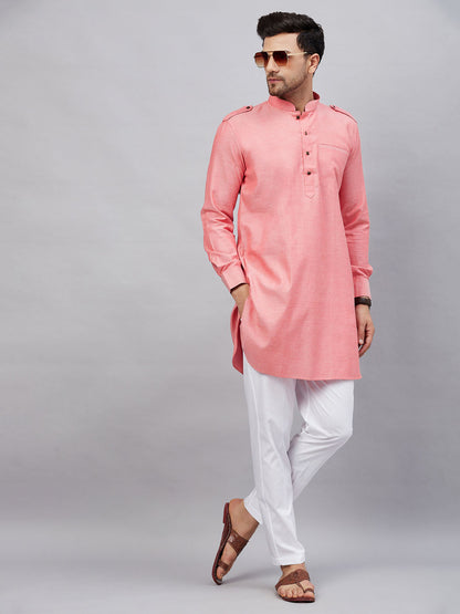 Vastramay mens red cotton blend kurta and white pant set