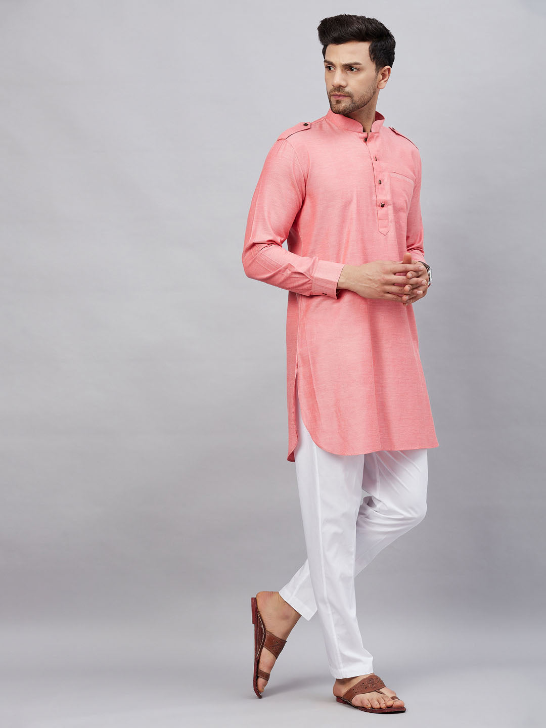 Vastramay mens red cotton blend kurta and white pant set