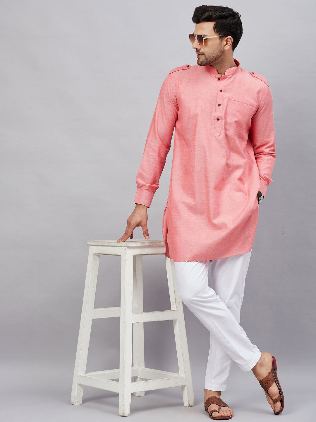 Vastramay mens red cotton blend kurta and white pant set