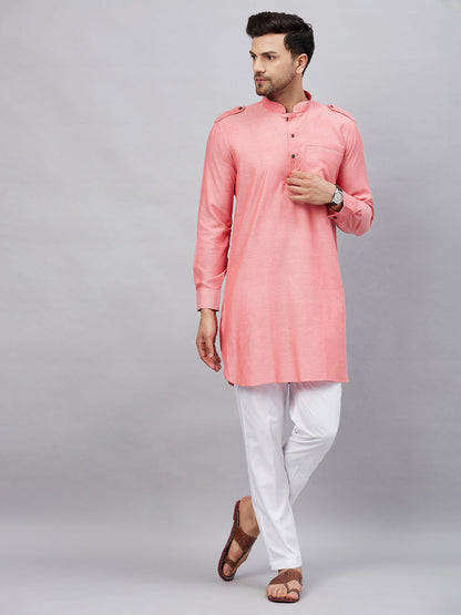 Vastramay mens red cotton blend kurta and white pant set