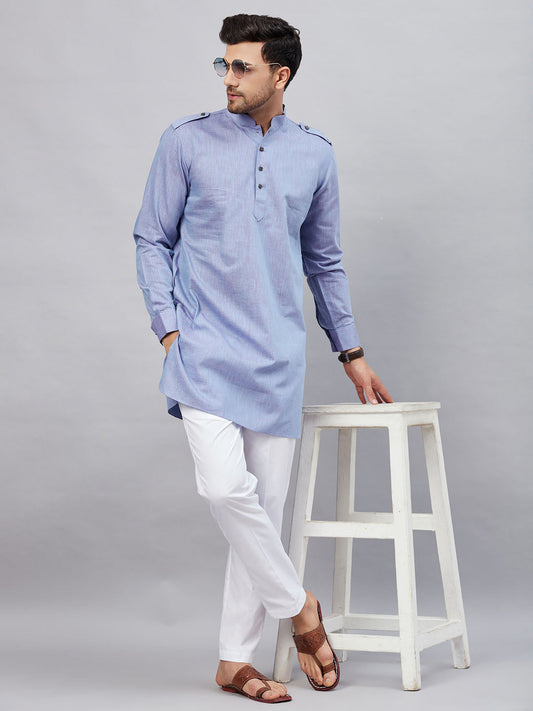 Vastramay mens blue cotton blend kurta and white pant set