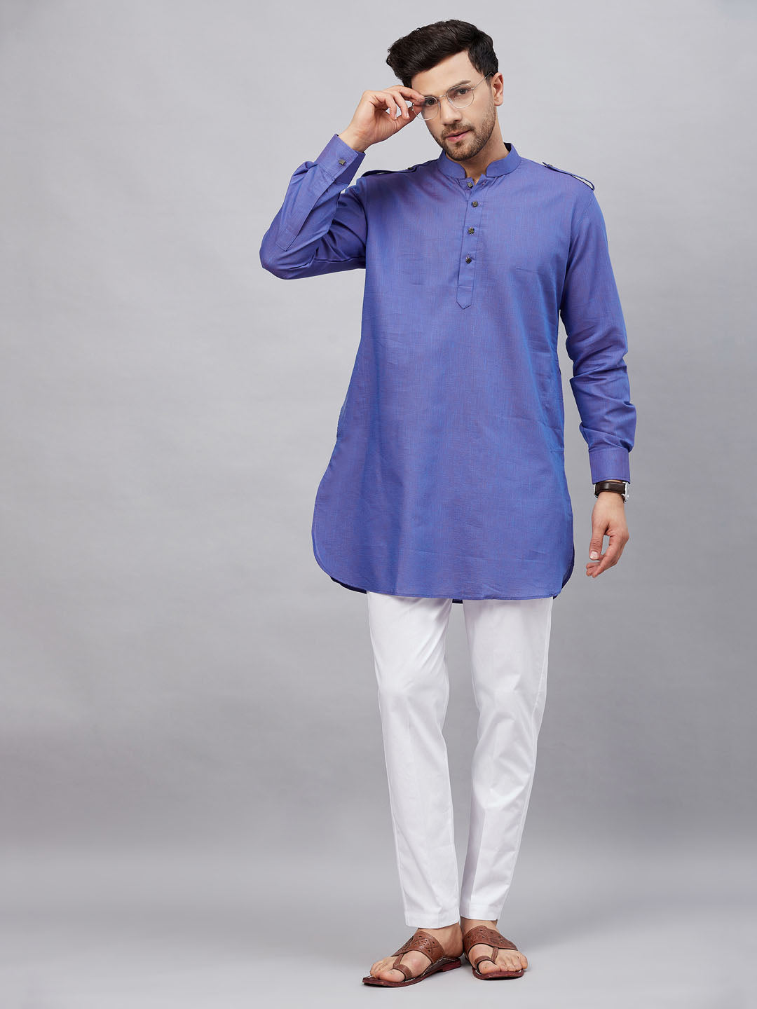 Vastramay mens purple cotton blend kurta and white pant set