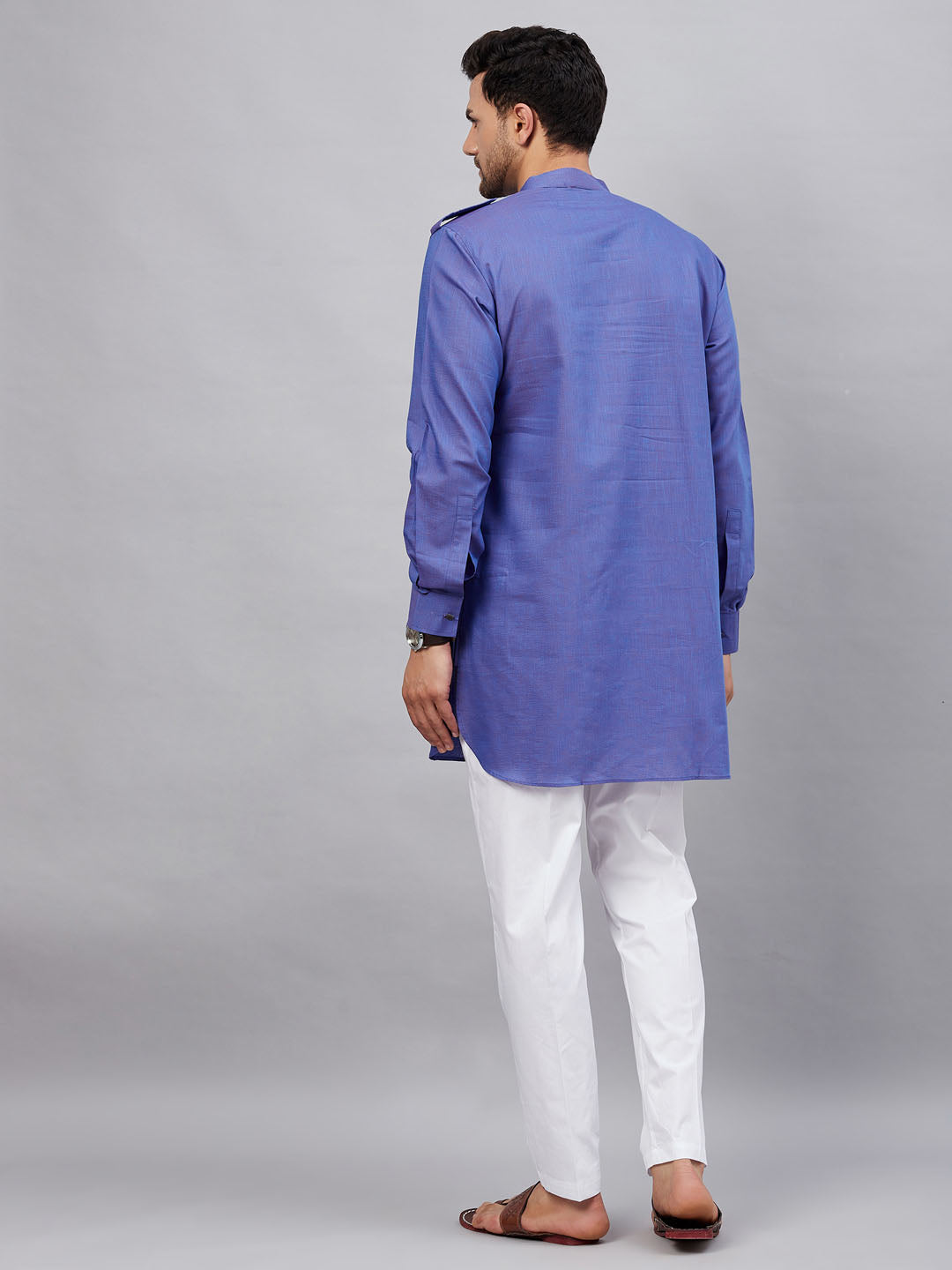 Vastramay mens purple cotton blend kurta and white pant set