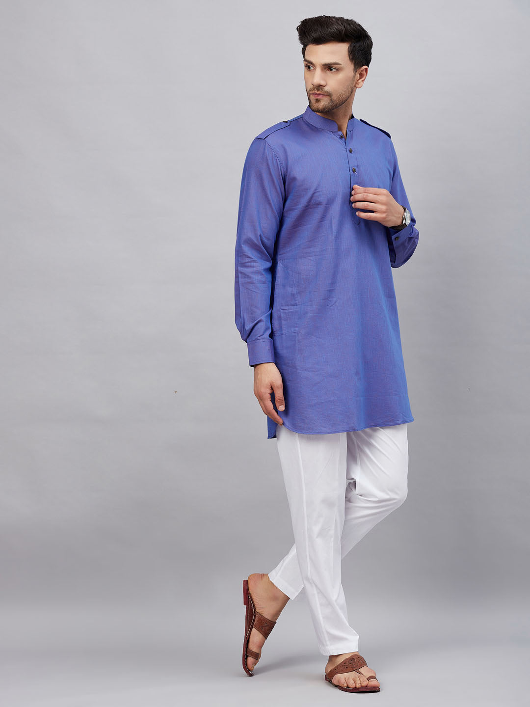 Vastramay mens purple cotton blend kurta and white pant set