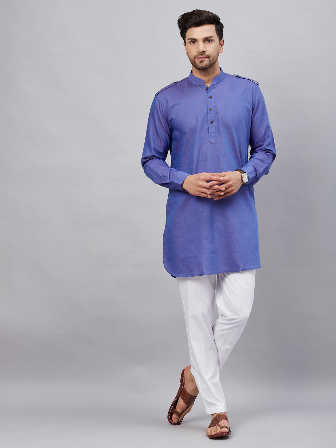 Vastramay mens purple cotton blend kurta and white pant set