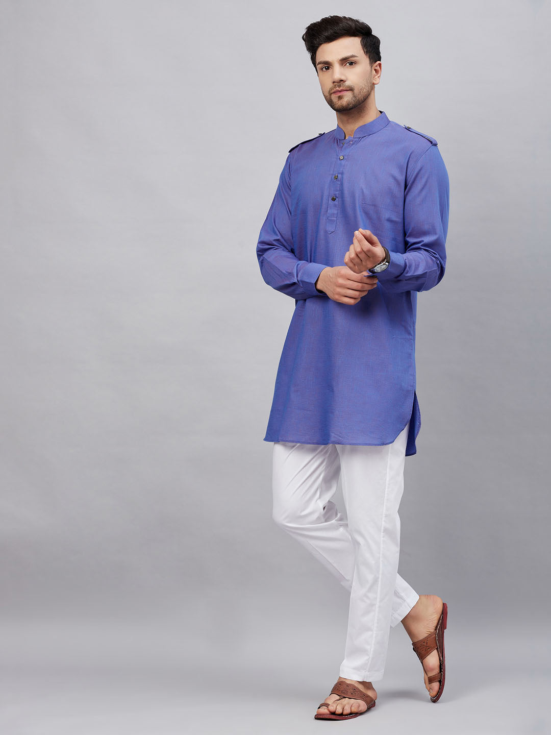 Vastramay mens purple cotton blend kurta and white pant set