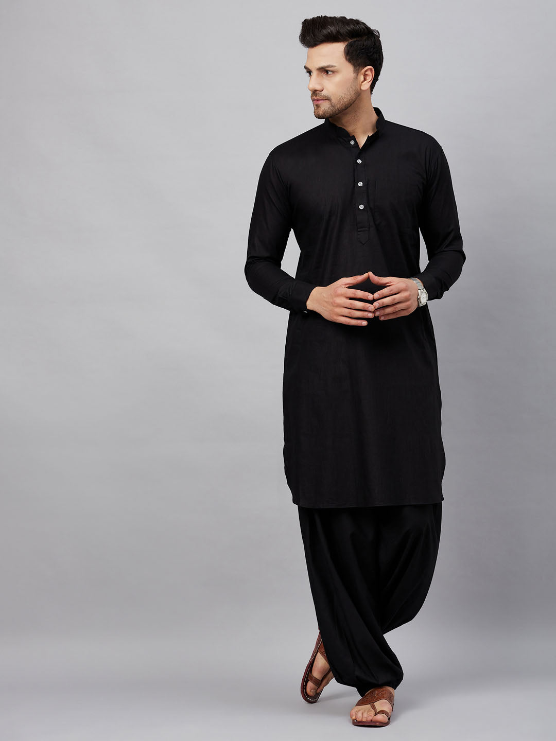 Vastramay Men's Black Cotton Blend Pathani Suit Set