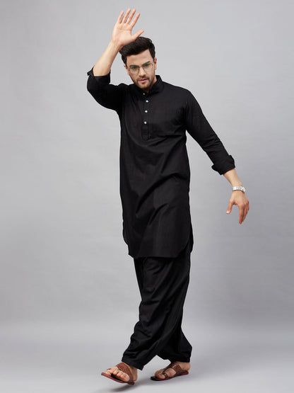 Vastramay Vastramay Men's Black Cotton Blend Pathani Suit Set