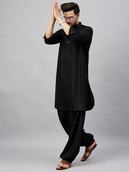 Vastramay Men's Black Cotton Blend Pathani Suit Set