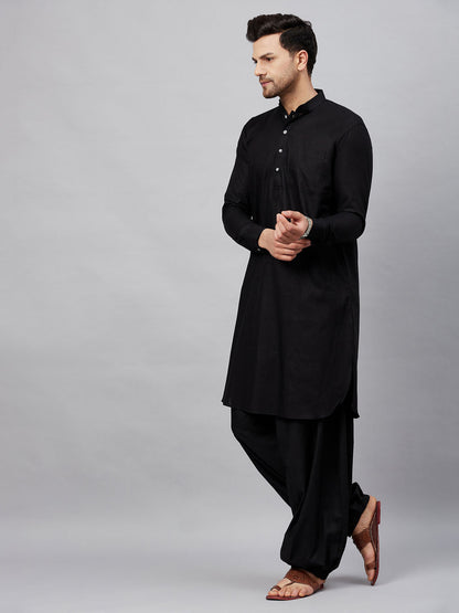 Vastramay Men's Black Cotton Blend Pathani Suit Set