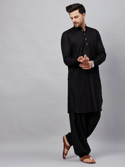 Vastramay Men's Black Cotton Blend Pathani Suit Set